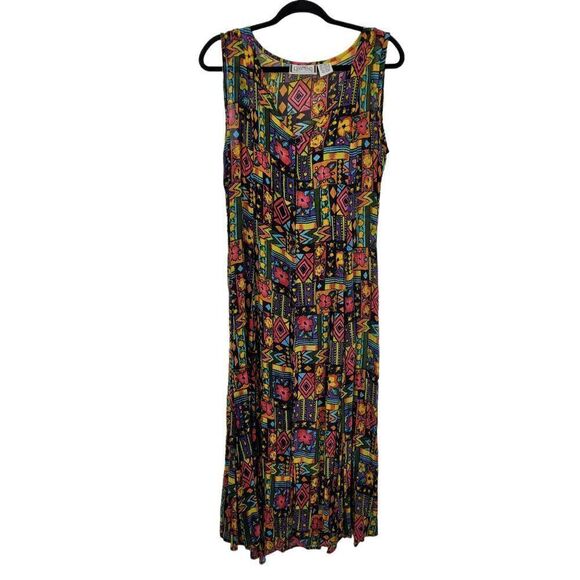 Vintage 80s Dress M Maxi Dopamine Jamaican Tropical Sleeveless MuMu Pinafore - Picture 4 of 9